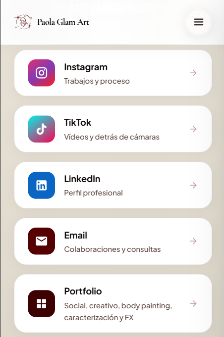 Vista móvil de la página de contacto de Paola Glam Art con accesos directos a redes sociales, portfolio y vías de contacto