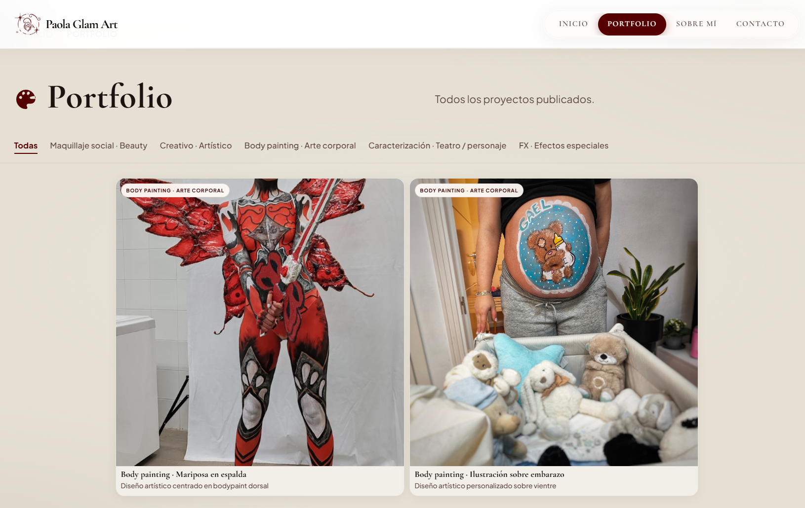 Vista de la sección portfolio de Paola Glam Art con trabajos visuales ordenados en una interfaz limpia y centrada en la imagen