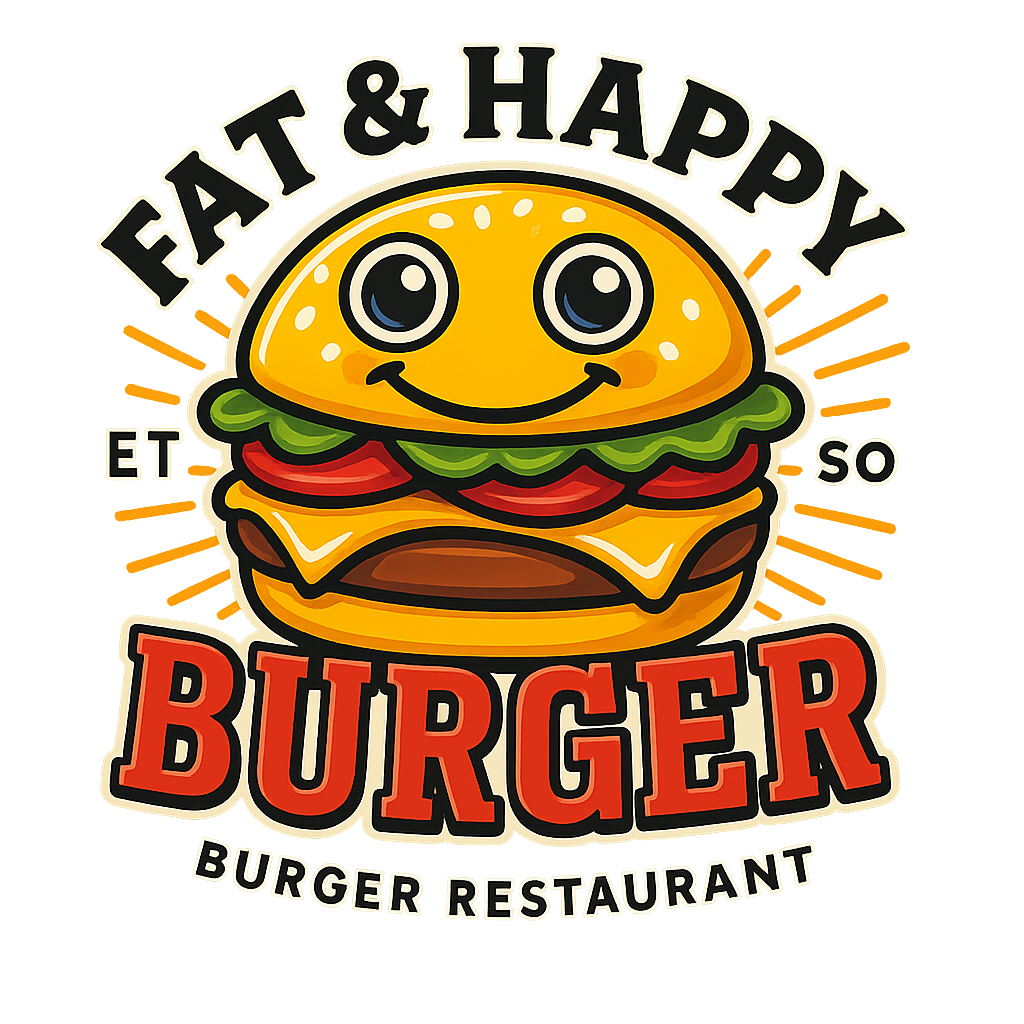 Fat & Happy Burger — logotipo e identidad visual del TFG (DAM) Logo Fat & Happy Burger: hamburguesa ilustrada con tipografía del nombre de marca sobre fondo claro.