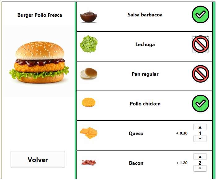 Fat & Happy POS — variantes, ingredientes y extras Personalización de hamburguesa: imagen del producto, lista de ingredientes con inclusiones y exclusiones, y extras con precio adicional y cantidad.