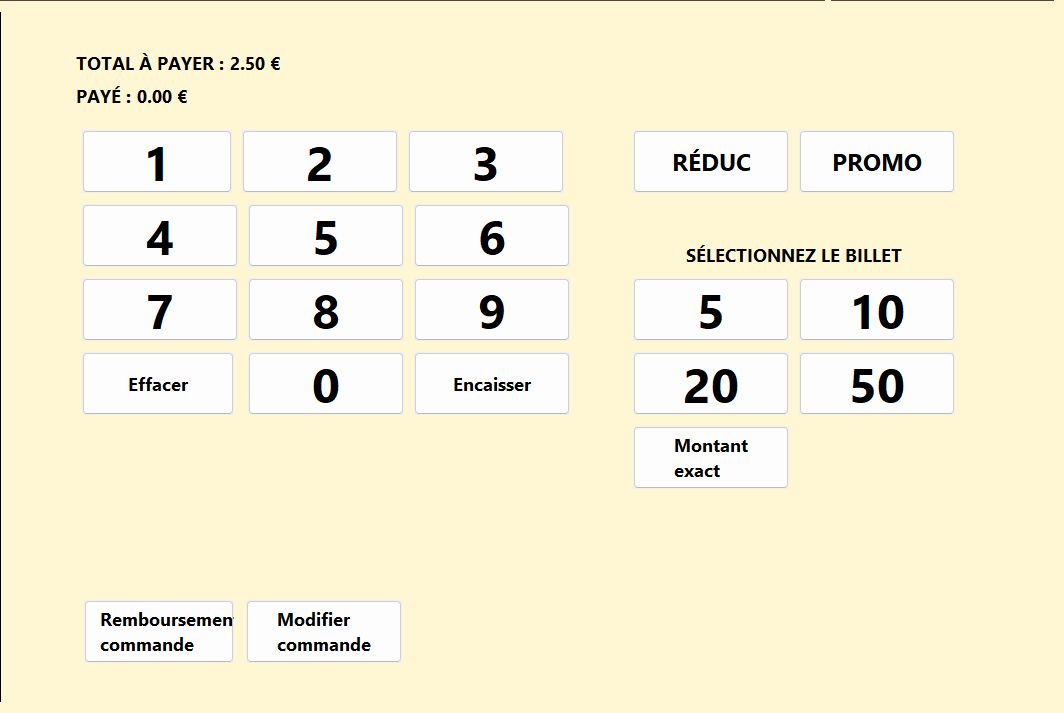 Multilingual Support — cobro localizado en francés La misma pantalla de cobro en francés: totales, teclado, selección de billete y botones de acción con cadenas en francés.