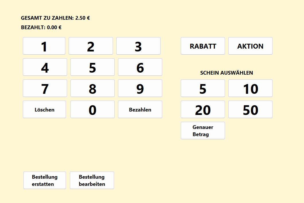 Multilingual Support — cobro localizado en alemán La misma pantalla de cobro en alemán: importes en euros, teclado y textos de descuento, billetes y pedido en alemán.
